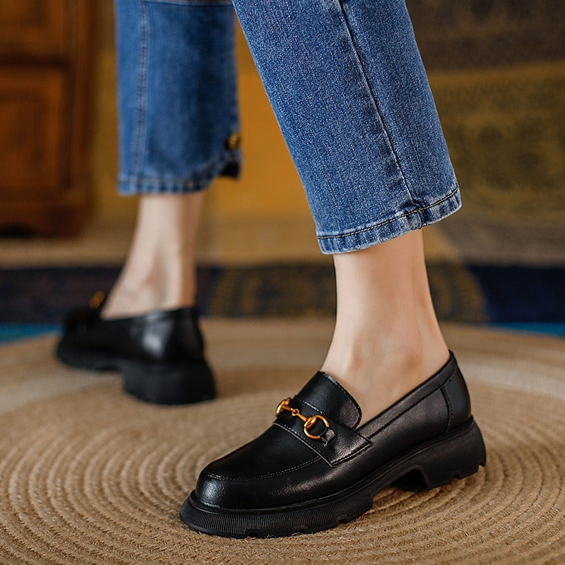 British Round-Toe Platform Loafers: Thick Heel, Gold Buckle