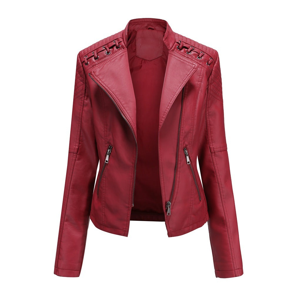 Women's slim-fit motorcycle-style leather jacket