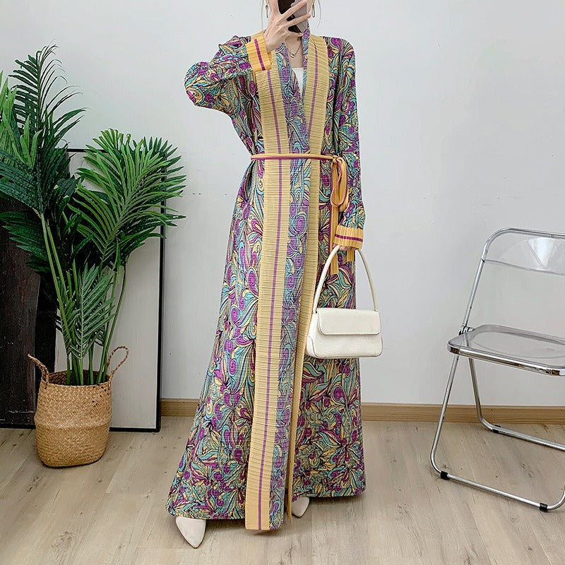 Pleated Printed Robe Middle East Dubai Elegant Cardigan