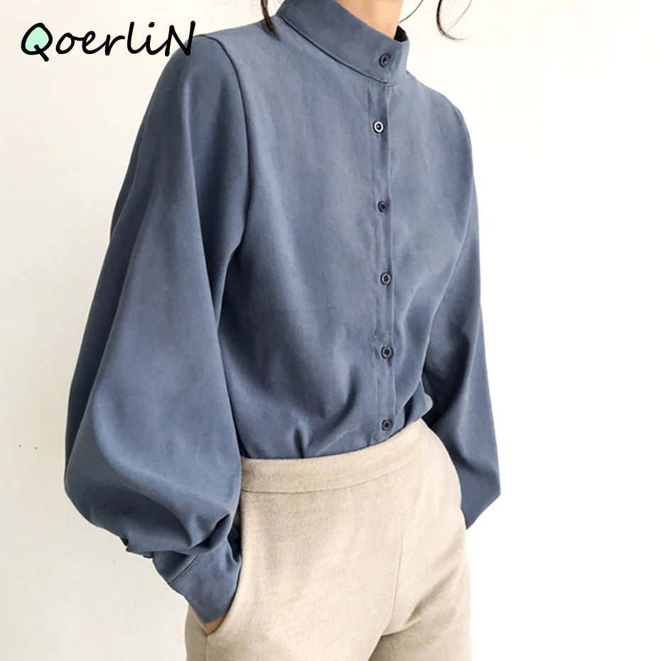 Big Lantern Sleeve Blouse: Autumn/Winter Stand Collar Office Shirt for Women