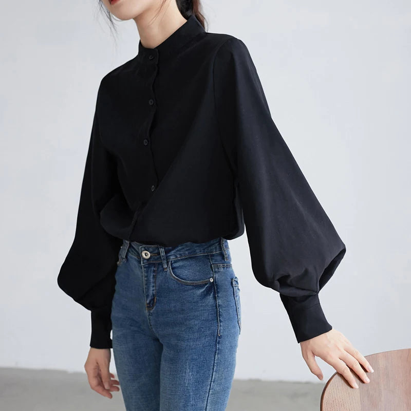 Big Lantern Sleeve Blouse: Autumn/Winter Stand Collar Office Shirt for Women