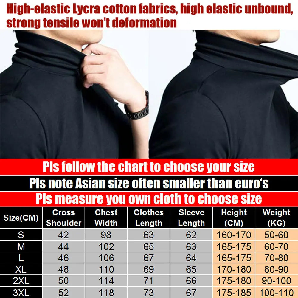 New Men's Fashion T-Shirt: Slim Fit, Stretch, Turtleneck, Long Sleeve, High Collar - Cotton Tees