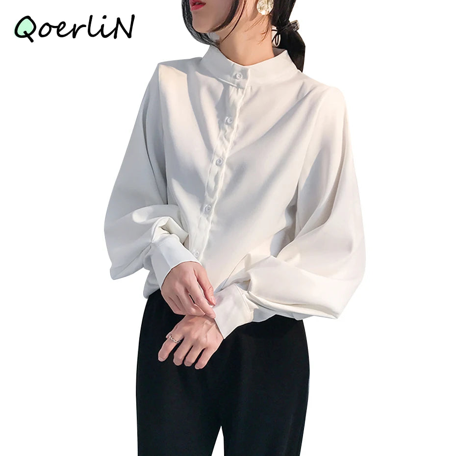 Big Lantern Sleeve Blouse: Autumn/Winter Stand Collar Office Shirt for Women