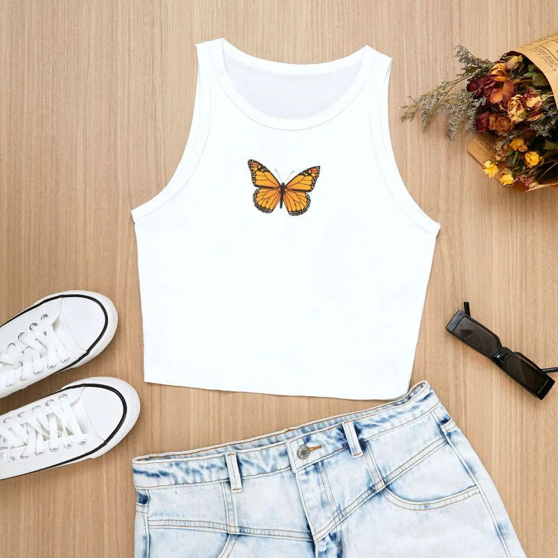 Printcess Butterfly Tank Top: Sleeveless, Round Neck, Street Fashion