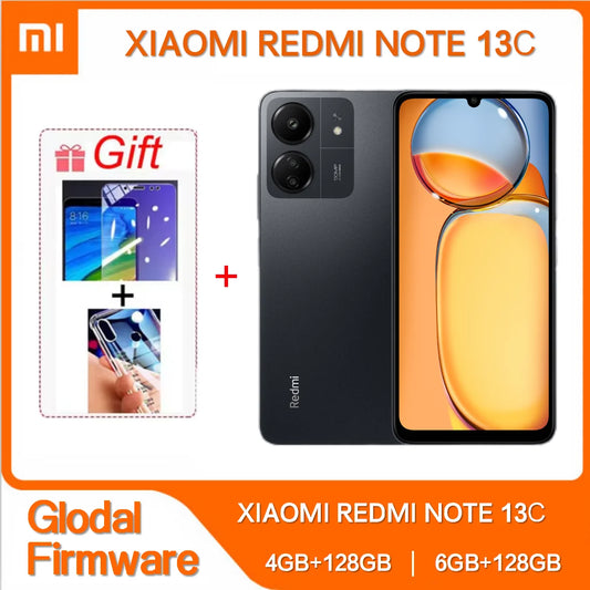 Xiaomi Redmi 13C smartphone with 6GB RAM, 128GB storage, 6.74" Dot Drop display, MediaTek Helio G85, 50MP+8MP camera, and 5000mAh battery.