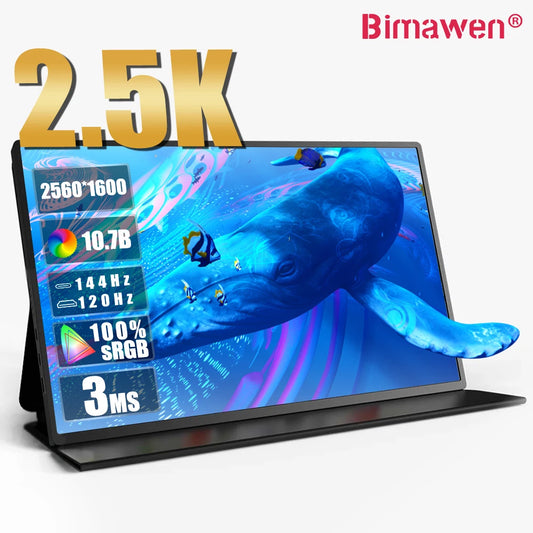 Bimawen 16-inch 2.5K portable monitor, 144Hz, 2560x1600, 100% Adobe sRGB, for laptop, Mac, phone, Xbox, PS4/5, and Switch.