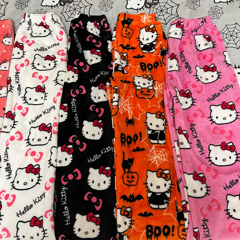 Hello Kitty Flannel Pajamas: Women's Warm Cartoon Casual Pants for Autumn/Winter