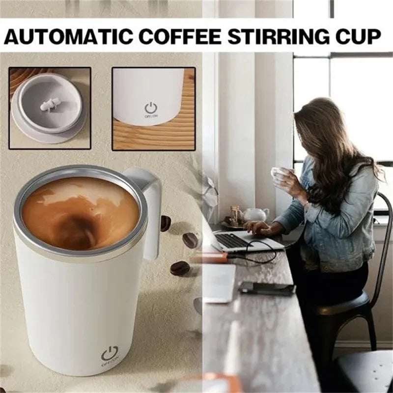 Self-stirring rechargeable mug for coffee or milk, ideal for home, office, or travel.