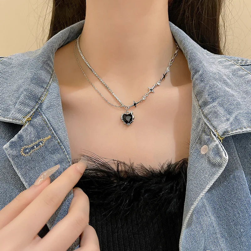 Black Heart Pendant Necklace: Punk Asymmetric Chain