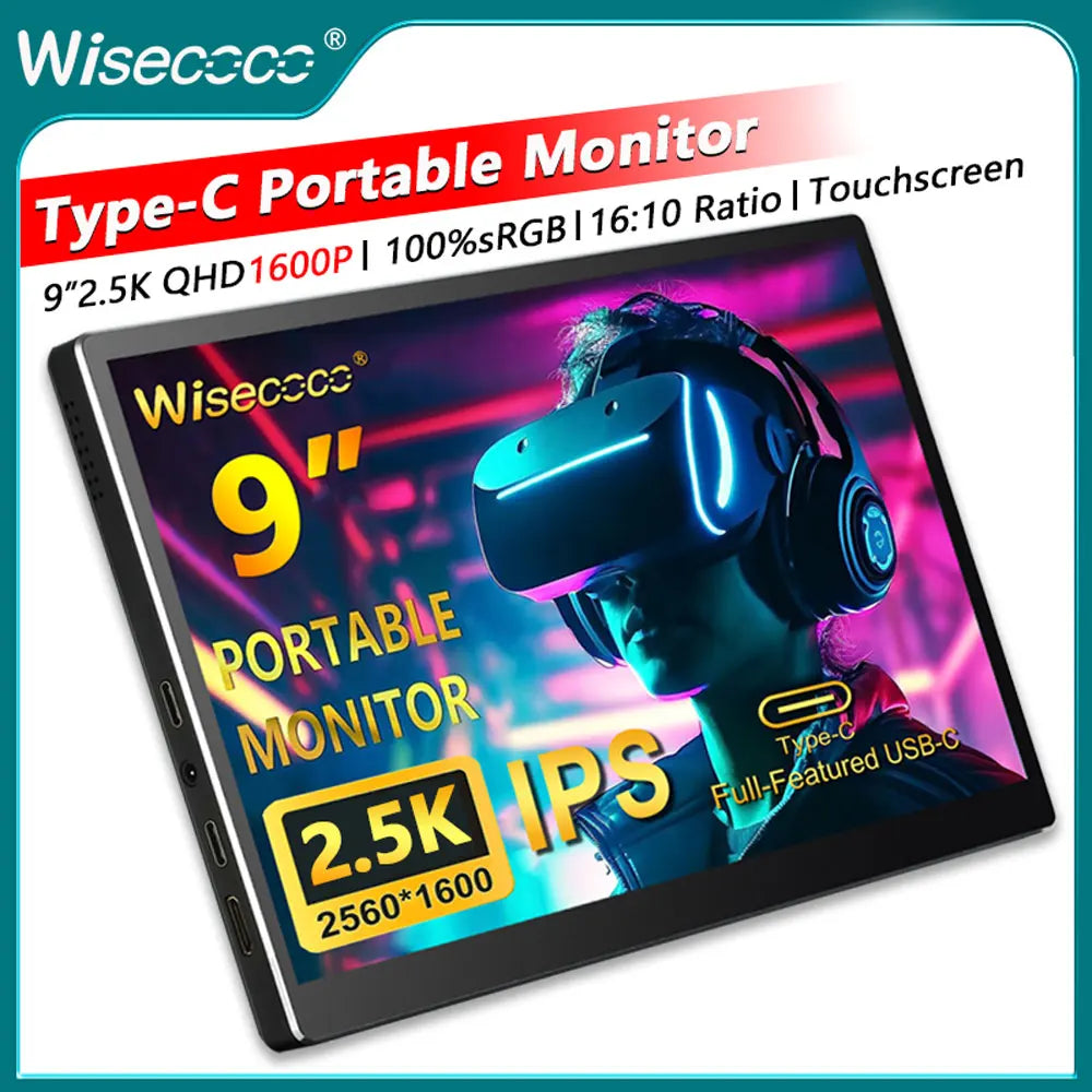 Wisecoco 9-inch portable QHD touch monitor, 2560x1600 IPS display with USB-C and HDMI, for PC, Mac, phone, Xbox, Switch, PS4/5.