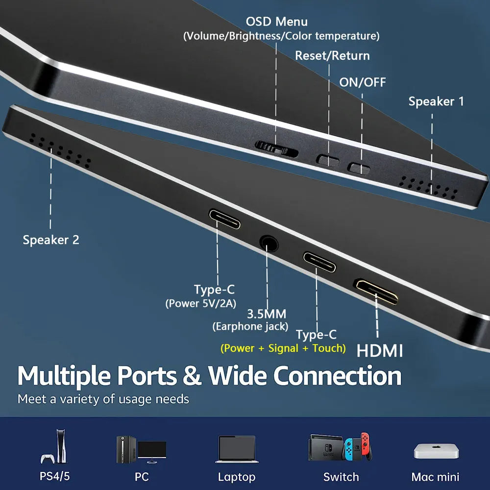 Wisecoco 9-inch portable QHD touch monitor, 2560x1600 IPS display with USB-C and HDMI, for PC, Mac, phone, Xbox, Switch, PS4/5.