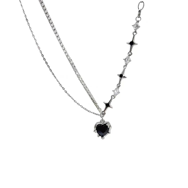 Black Heart Pendant Necklace: Punk Asymmetric Chain