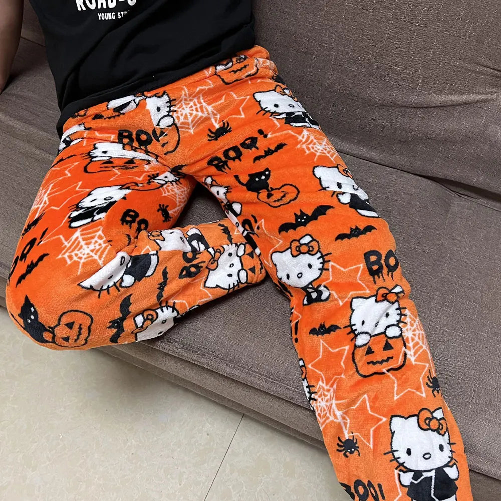 Hello Kitty Flannel Pajamas: Women's Warm Cartoon Casual Pants for Autumn/Winter