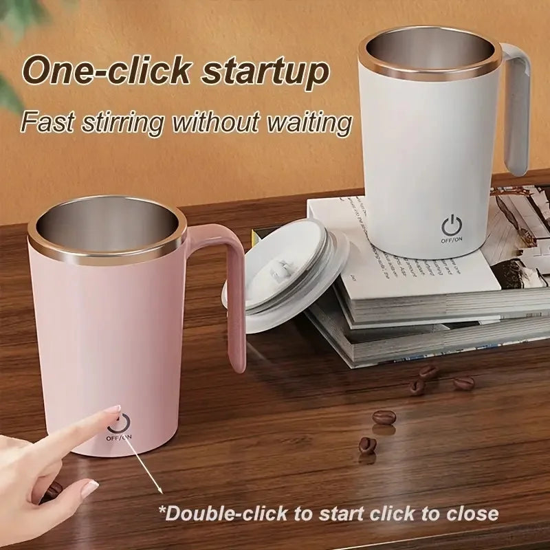 Self-stirring rechargeable mug for coffee or milk, ideal for home, office, or travel.