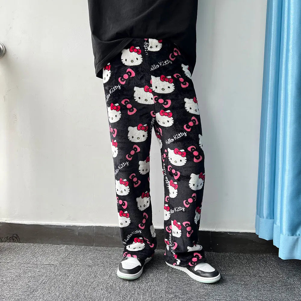 Hello Kitty Flannel Pajamas: Women's Warm Cartoon Casual Pants for Autumn/Winter