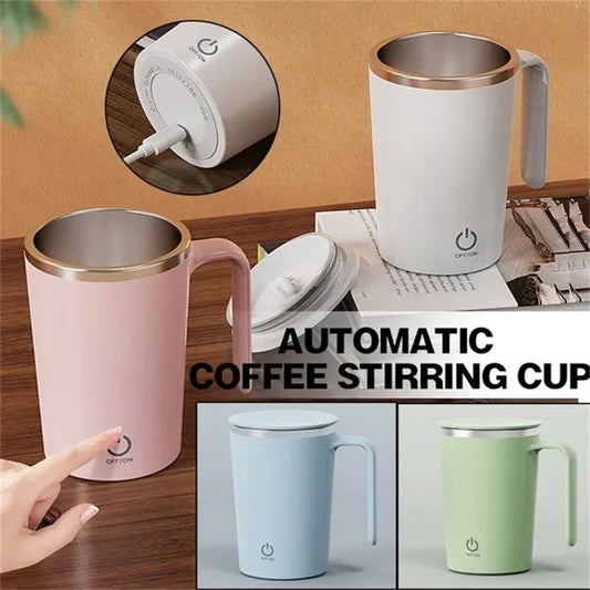 Self-stirring rechargeable mug for coffee or milk, ideal for home, office, or travel.