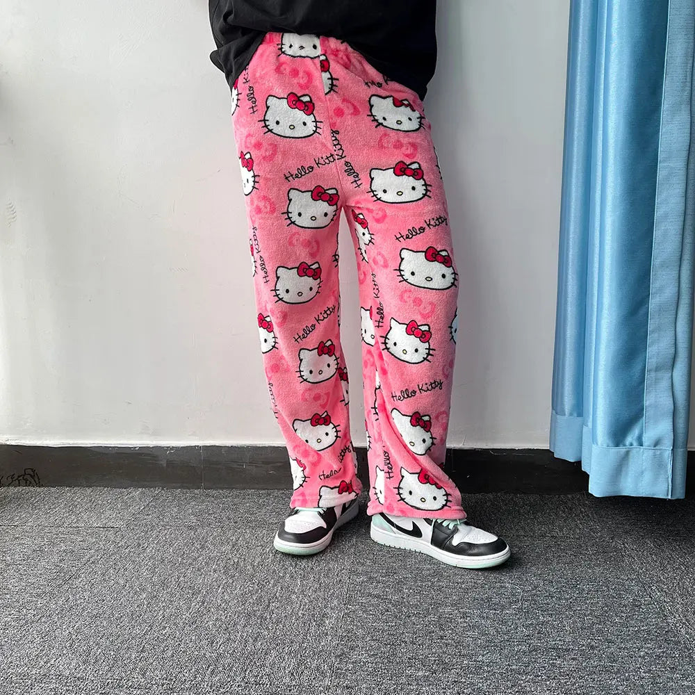 Hello Kitty Flannel Pajamas: Women's Warm Cartoon Casual Pants for Autumn/Winter