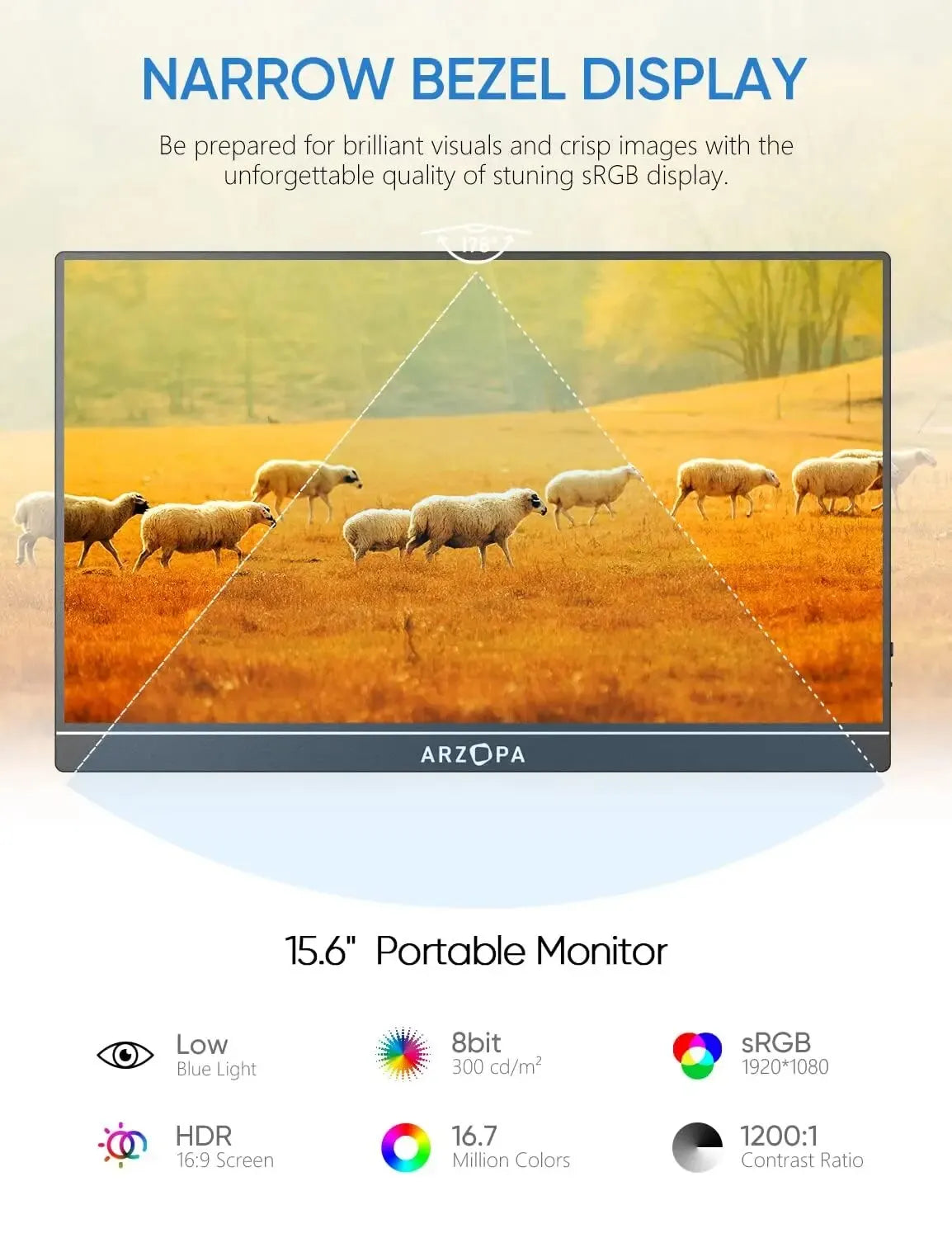 ARZOPA 15.6-inch 1080P portable monitor, USB-C and HDMI-compatible, for laptop, Mac, Switch, Xbox, PS4, and PC.