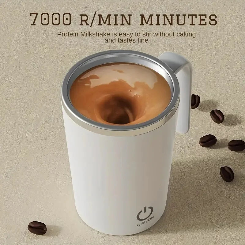 Self-stirring rechargeable mug for coffee or milk, ideal for home, office, or travel.