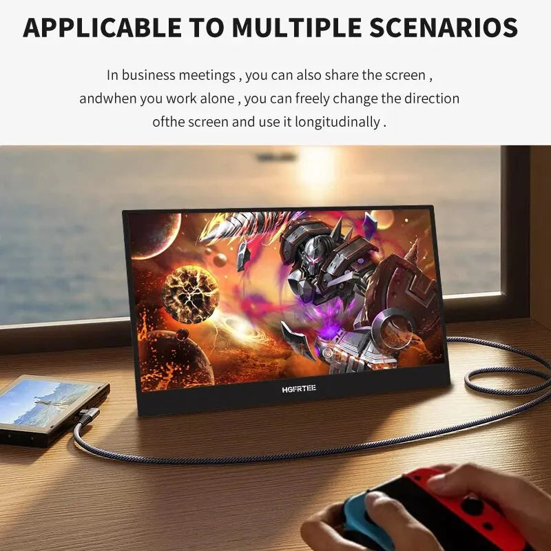 HGFRTEE 14-inch 4K portable monitor, 3840x2160, 100% sRGB ADS-IPS display with bracket for PC, laptop, phone, and Switch.