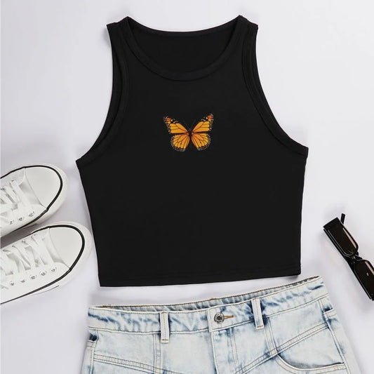 Printcess Butterfly Tank Top: Sleeveless, Round Neck, Street Fashion